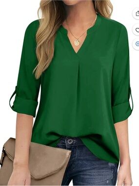 Womens Green V-Neck Roll-Sleeve Tunic Top